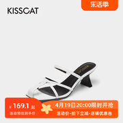 kisscat接吻猫夏季羊皮露趾时装凉鞋女高跟，凉拖鞋女ka21384-10