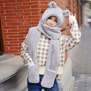 秋冬季围巾帽子女可爱百搭小耳朵三件套一体，保暖手套毛绒加厚围脖
