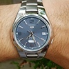 精工手表男盾牌5号灰蓝表盘不锈钢带商务，全自动机械日韩腕表