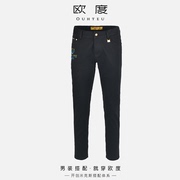 OUHTEU/欧度刺绣牛仔裤聚酯纤维棉男士时尚修身版型秋季黑色0281