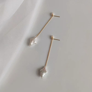 天然淡水异形星星珍珠耳坠长款14k包金银针耳环 独特设计简约耳钉