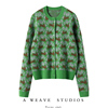 好看又好穿~绿色兔子，提花圆领羊绒针织开衫，外套女秋冬复古毛衣