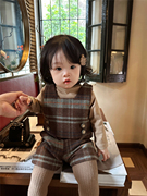 韩系潮童装冬季女童复古毛呢，套装洋气婴童宝宝格子坎肩马甲+短裤