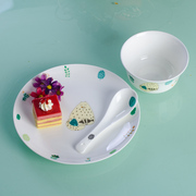 家用早餐骨瓷三件套可爱卡通，盘子碗碟勺陶瓷，个性创意儿童餐具套装