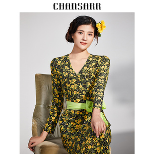 香莎CHANSARR 复古优雅气质真丝V领连衣裙 收腰显瘦 印花长袖长裙
