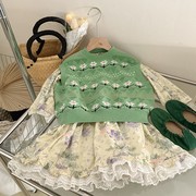 韩国童装女童春季洋气绿色绣花针织衫碎花连衣裙儿童长裙套装