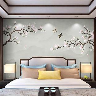 新中式手绘玉兰花背景墙布，8d工笔花鸟壁纸，定制客厅沙发影视墙壁画