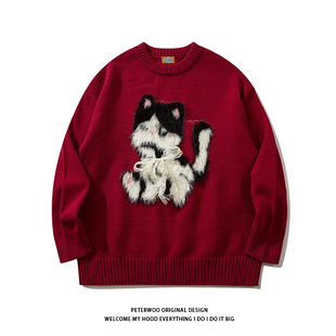PeterWoo趣味加菲猫植绒情侣红色针织衫男女本命年节日氛围感毛衣