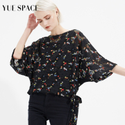 YUESPACE夏季蕾丝衫宽松套头系带黑色印花镂空女士小衫蝙蝠袖洋气