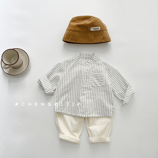 2024婴幼儿男宝宝儿童衬衫，春秋季竖条纹，儿童休闲洋气衬衣韩版时髦