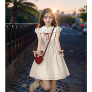 红丝带蕾丝花边娃娃，领连衣裙女短袖，2024夏季法式白色初恋裙子