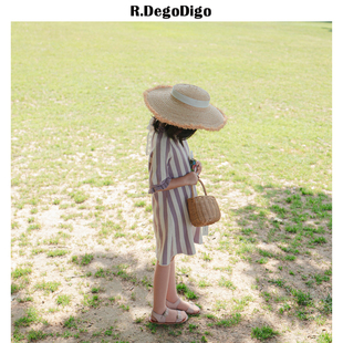 RDegoDigo夏季女童装定制纯棉复古花边领短袖紫色条纹连衣裙