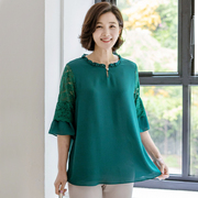 韩国夏季妈妈装T恤七分袖蕾丝拼接纯色妈妈装宽松上衣薄BL304421