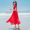 夏季雪纺连衣裙海边度假海南三亚裙显瘦时尚，气质红色短袖沙滩长裙