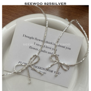 S925银韩版小众设计感碎银子蝴蝶结项链锁骨链甜美风颈链