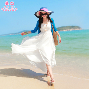 沙滩裙2023海边度假雪纺，夏季泰国女装白色，波西米亚长裙连衣裙