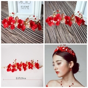 韩式敬酒礼服头饰结婚新娘，红色三件套装甜美花朵2018超仙盘发