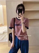 薄款竹节麻针织女士短袖，t恤女2024夏季上衣条纹圆领上衣韩版