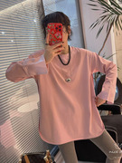 粉色设计感拼接长袖T恤女2024春装中长款宽松国风印花打底衫上衣