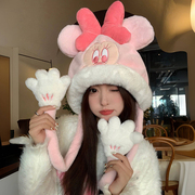 迪士尼粉色米妮维尼熊毛绒帽子，围巾手套一体，三件套冬加绒保暖护耳