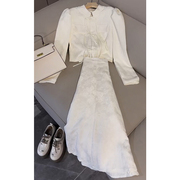 新中式女装辣妹绝美清纯小个子，长袖白色旗袍连衣裙子两件套装秋季
