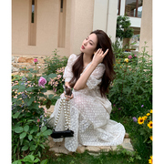 zhuyiyi2023夏季法式米，白色蕾丝泡泡袖，连衣裙甜美短袖娃娃裙