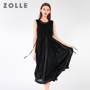 zolle因为春夏无袖蕾丝拼接雪纺，连衣裙时尚高腰显瘦气质女裙