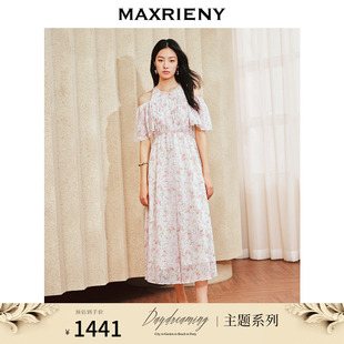 maxrieny浪漫度假连衣裙，2024春季甜美长裙，挂脖露肩荷叶袖裙子