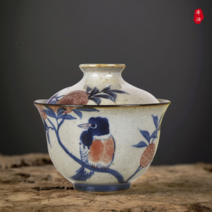 景德镇纯手工手绘复古青花，中式二才盖碗，陶瓷家用釉里红茶碗单个大