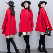 冬季时尚韩版妈妈中年女装双排扣大红色中长款斗篷型毛呢外套