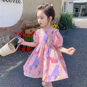 女童夏装粉色连衣裙2023甜美卡通连衣裙洋气花边，泡泡袖公主裙