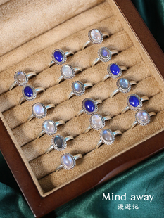 尼泊尔银饰品手工925银镶嵌月光石青金戒指女流行首饰指环 复古
