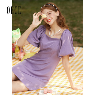 Oece夏装女装 葡萄紫法式甜心复古方领泡泡袖高腰连衣裙