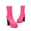 皮靴防水台粗跟高跟，短靴女中筒米白色粉色桃红色，靴子大码小码yll