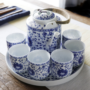 釉下青花瓷提梁壶景德镇陶瓷茶具套装家用整套中式泡茶壶茶杯大号