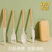 日式小麦秸秆餐具叉勺筷子三件套折叠便携餐具收纳盒套装