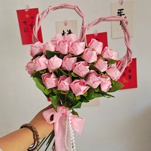 21朵川崎玫瑰花束爱心，龙柳折纸花成品diy手工，花束送女友528礼物