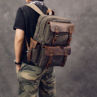 欧美复古潮流男士油蜡帆布双肩包大容量户外旅行背包电脑书包