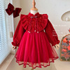 红色冬季小女孩拜年连衣裙2024国风加绒长袖亮片纱网纯色礼服