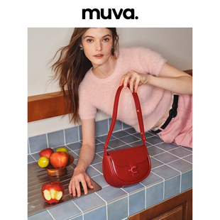 muva马鞍包腋下(包腋下)包女复古红色斜挎包，真皮高级感小众设计包包