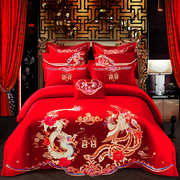 婚庆四件套大红色龙凤刺绣，结婚绣花喜庆被床单六八件新婚床上用品