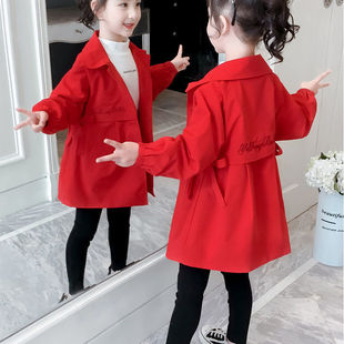 童装女童红色风衣，2022春秋中长款上衣，中大童加棉加厚洋气外套