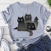 Black Cat T-shirt卡通毛绒黑猫印花男女同款灰色短袖T恤学生上衣