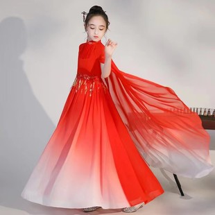 儿童汉服高端女童古筝演出服中国风主持人民乐，演出奏艺考礼服红色