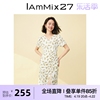 iammix27夏季v领连衣裙女短袖，高腰侧开衩显瘦碎花雪纺中长裙女薄