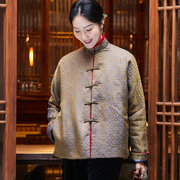 新中式改良真丝交织提花缎上衣中国风开襟绿色夹棉衣袄服外套冬女