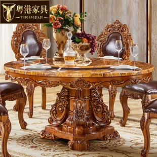欧式大理石圆桌美式别墅，豪华餐厅实木复古饭桌，家用转盘餐桌椅组合