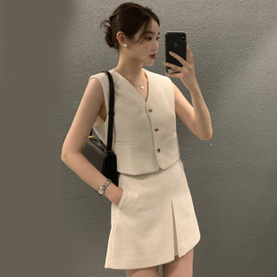韩国chic夏季气质小香风v领无袖马甲背心+高腰，a字半身裙两件套女