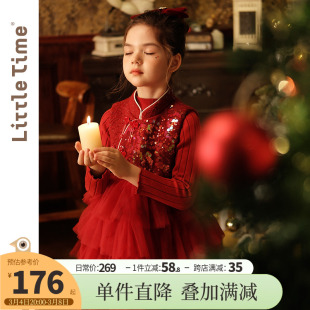 littletime女童红色连衣裙新年服春秋国风背心裙礼服裙儿童公主裙