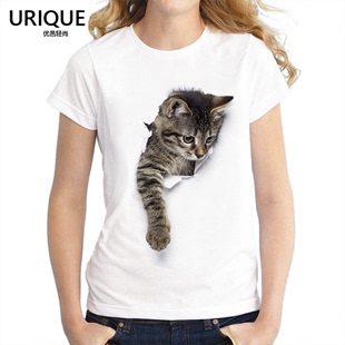 3d立体逼真萌猫咪图案，莫代尔t恤女短袖，可爱动物印花情侣亲子装t恤